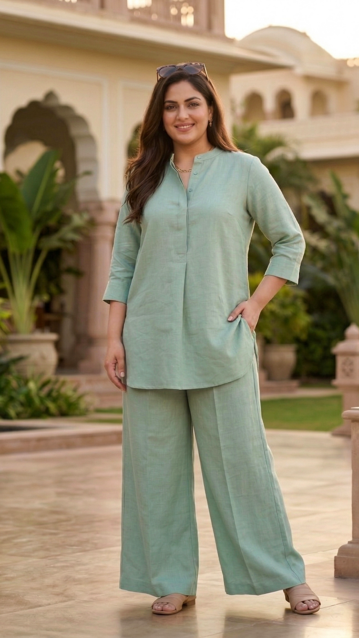 Plus Size Sage Green Solid Linen Co-ord Set for Women