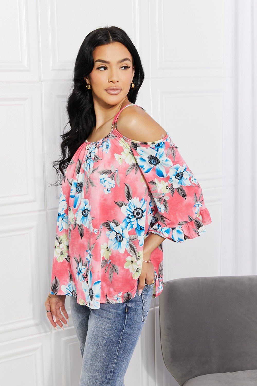 Close up view of the cutout shoulder detailing on the Sew In Love Full Size Fresh Take Floral Cold-Shoulder Top