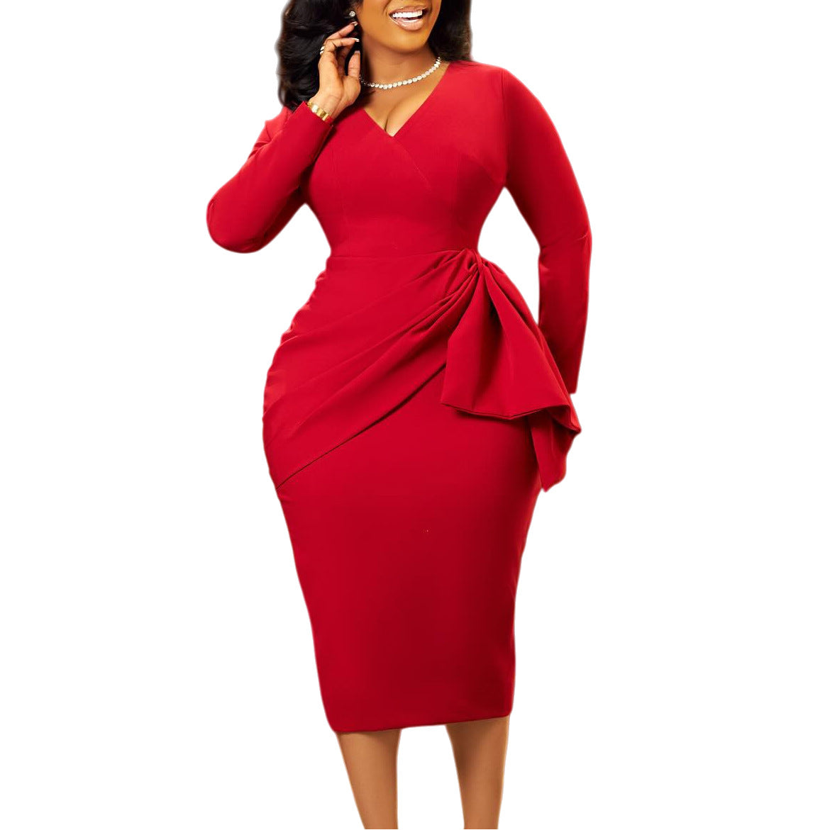 Solid-color Pleated Body-hugging African Office Dress