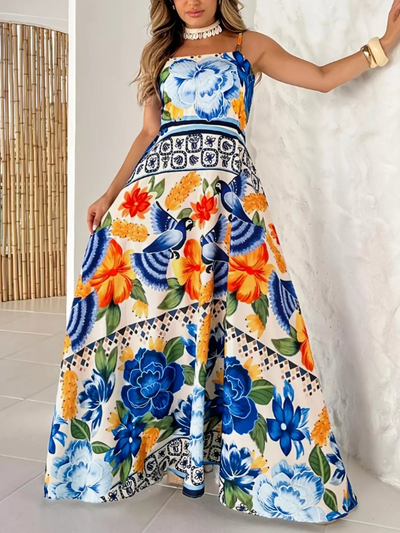 floral maxi dress spaghetti strap Plus Size slim straps Yellow Summer Casual Dress Color:black/royal Mickey