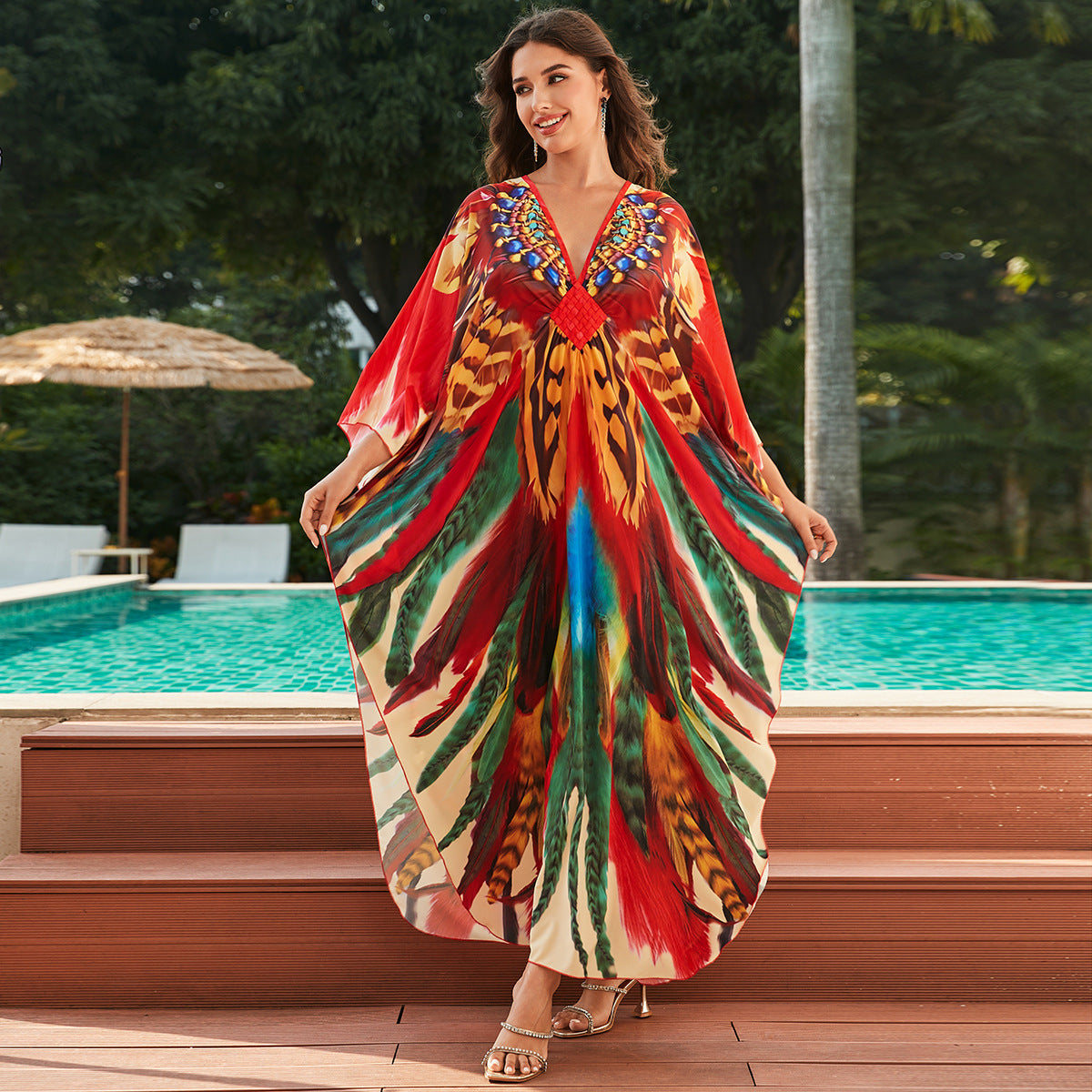 European And American Printed Chest Woven Beach Cover-up
