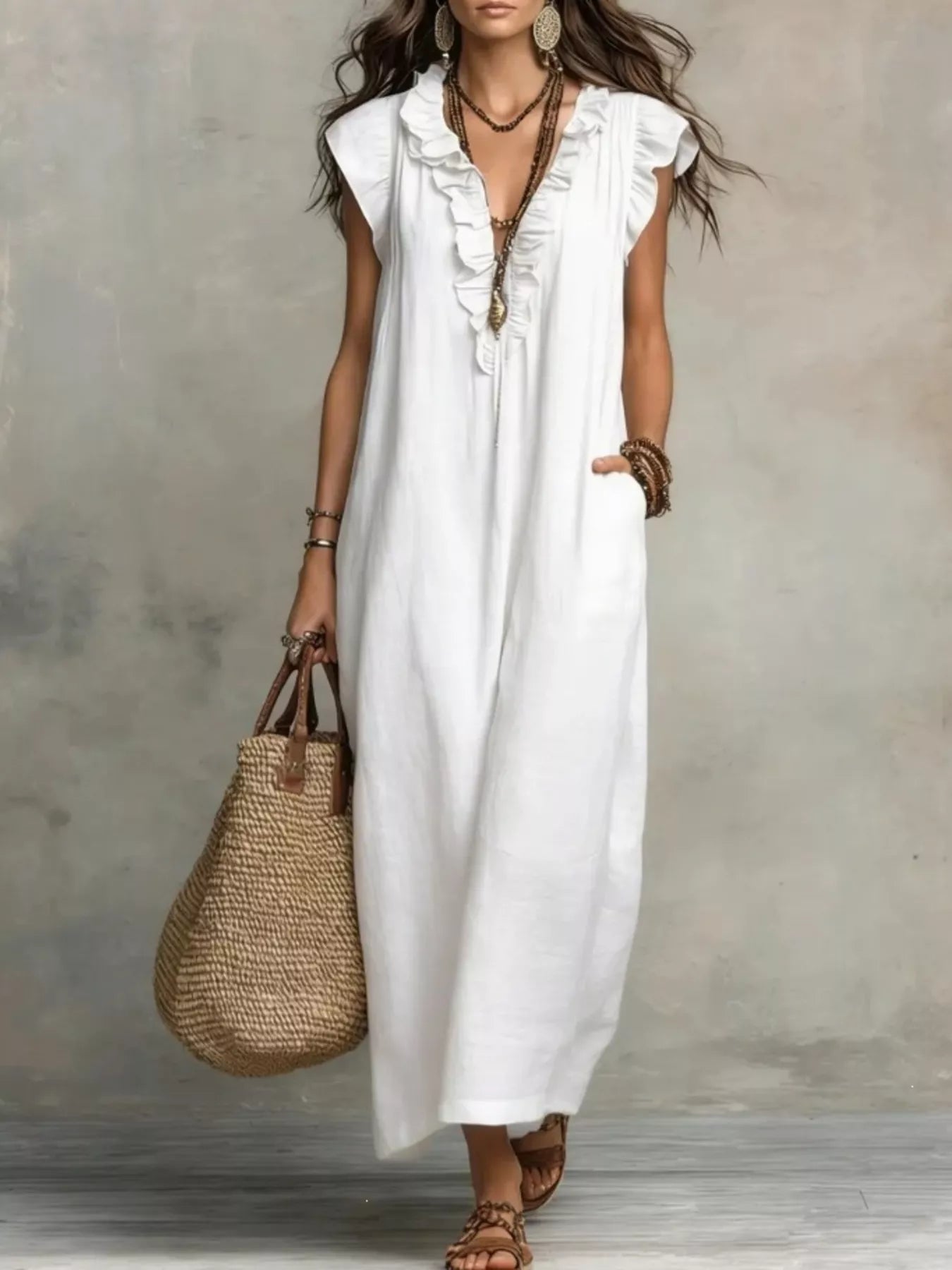 Close up of the ruffle detailing on a full size ruffled v-neck cap sleeve maxi dress plus size