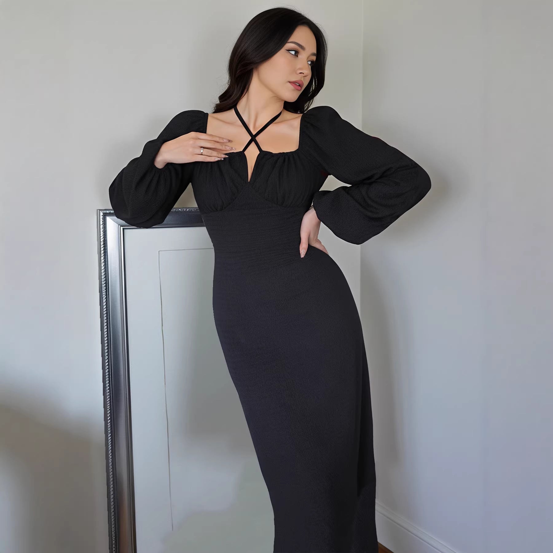 Womens Neck-tie Cross-strap Figure-hugging Dress