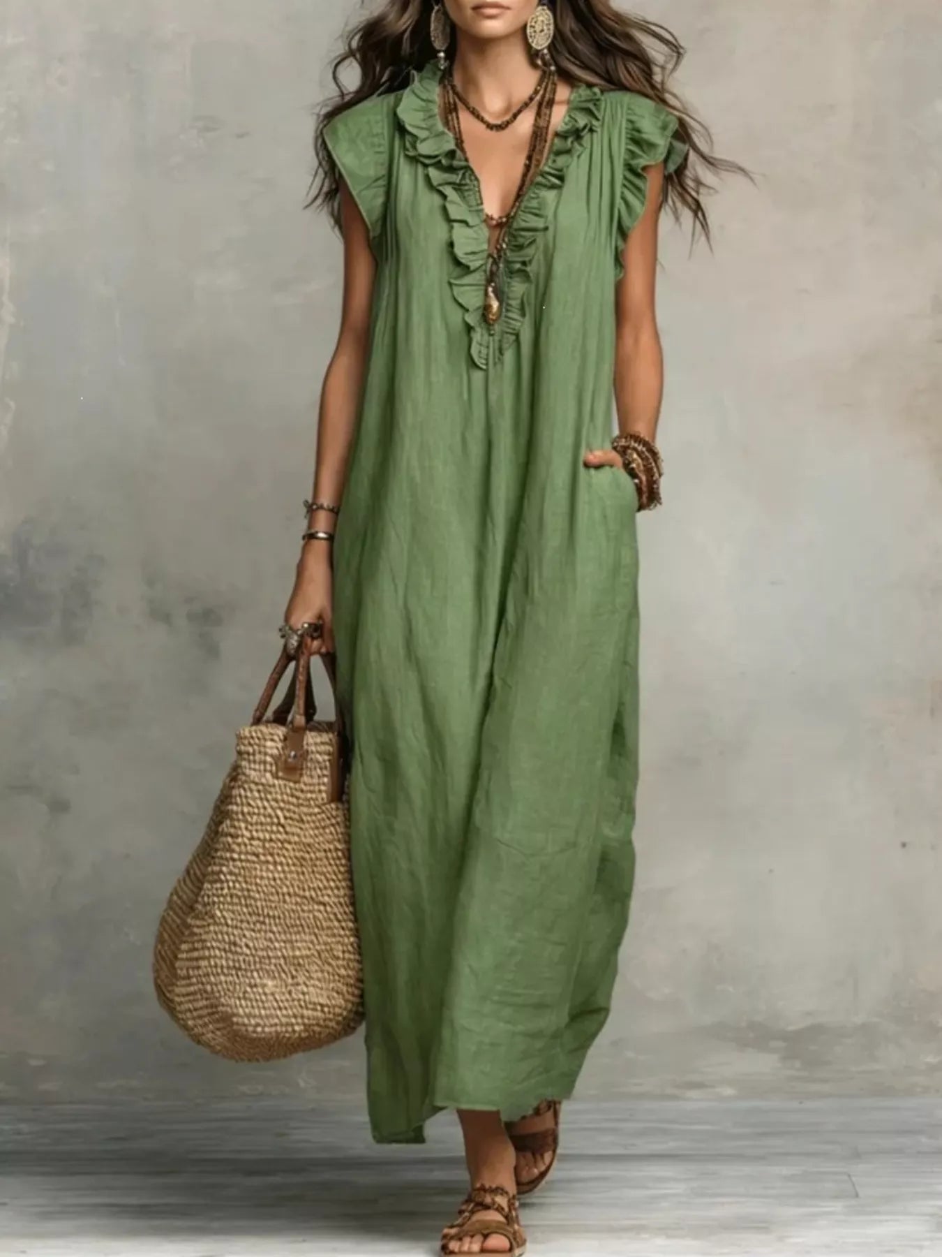 Close up of the ruffle detailing on a full size ruffled v-neck cap sleeve maxi dress plus size
