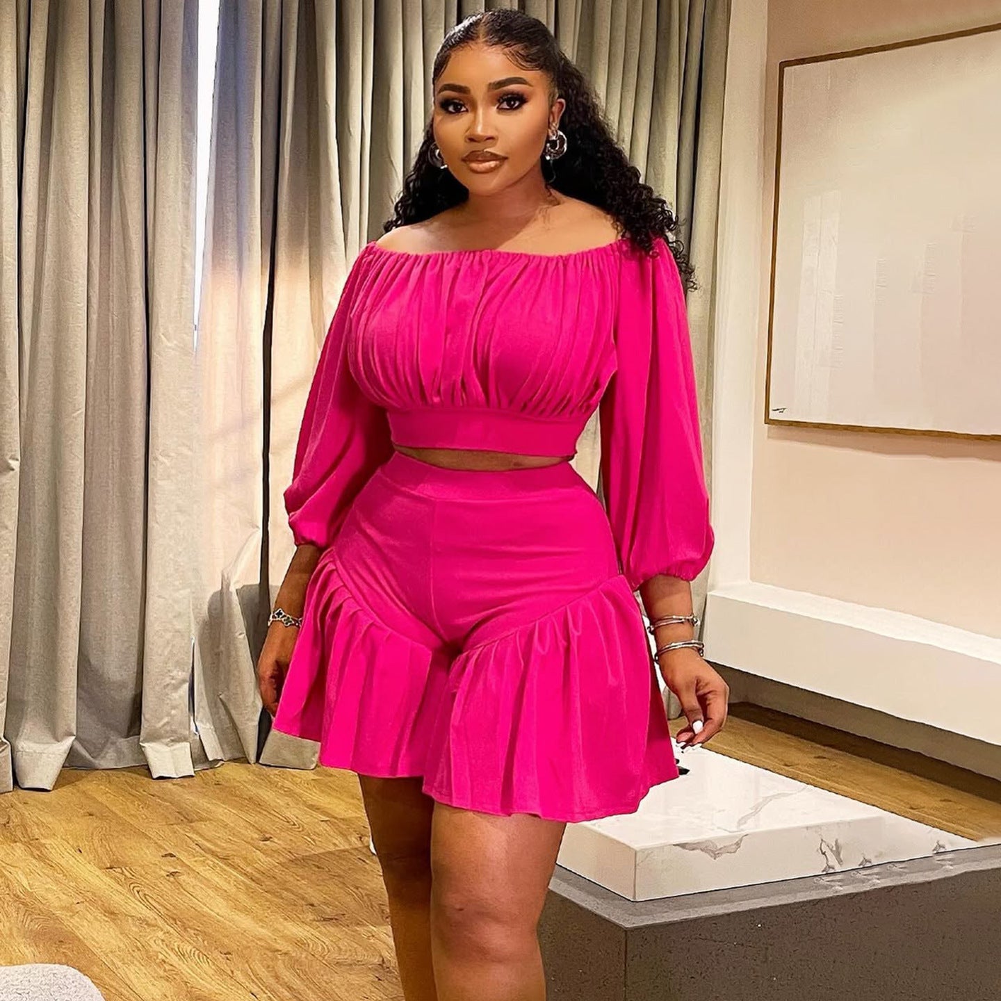 Plus Size Pleated Off Neck Two Piece Set in a comfortable casual fit