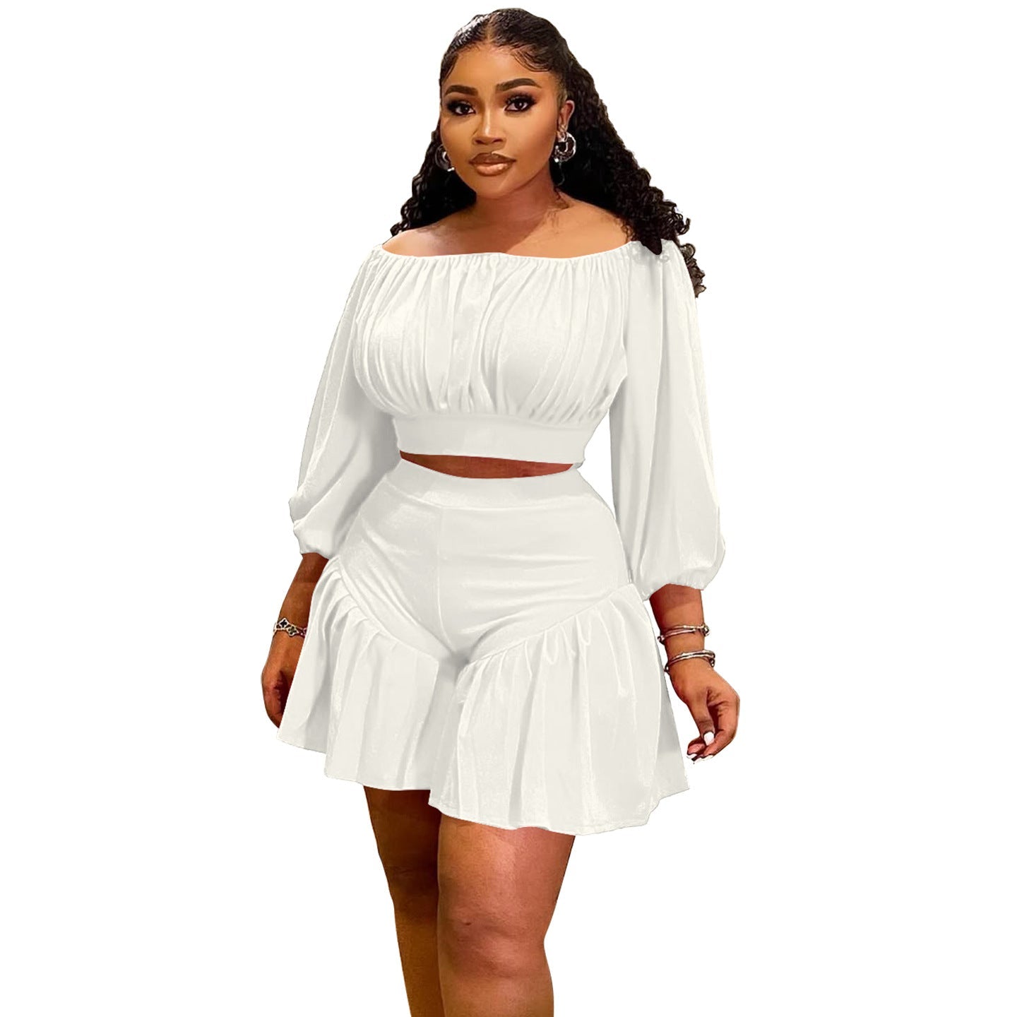 Plus Size Pleated Off Neck Two Piece Set in a comfortable casual fit