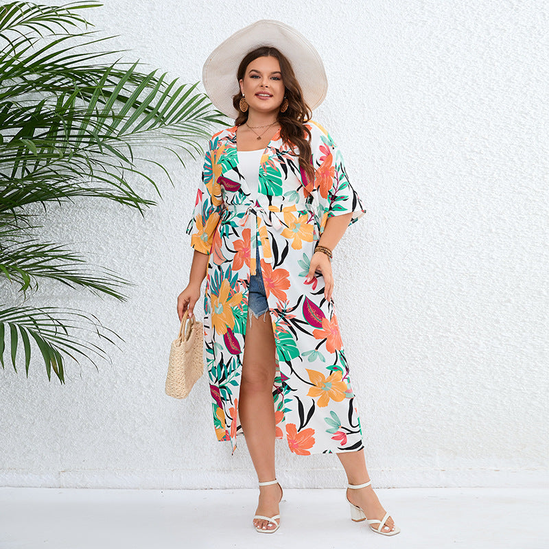 Rear view details of the lightweight fabric on the plus size casual vacation sun protection clothing bohemian loose printed beach shawl