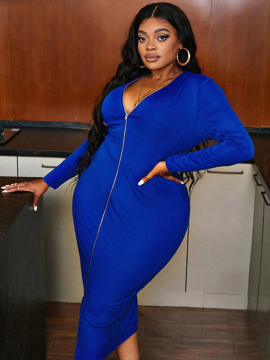 Plus Size V Neck Long Sleeve Zipper Dress XL-5XL for Winter