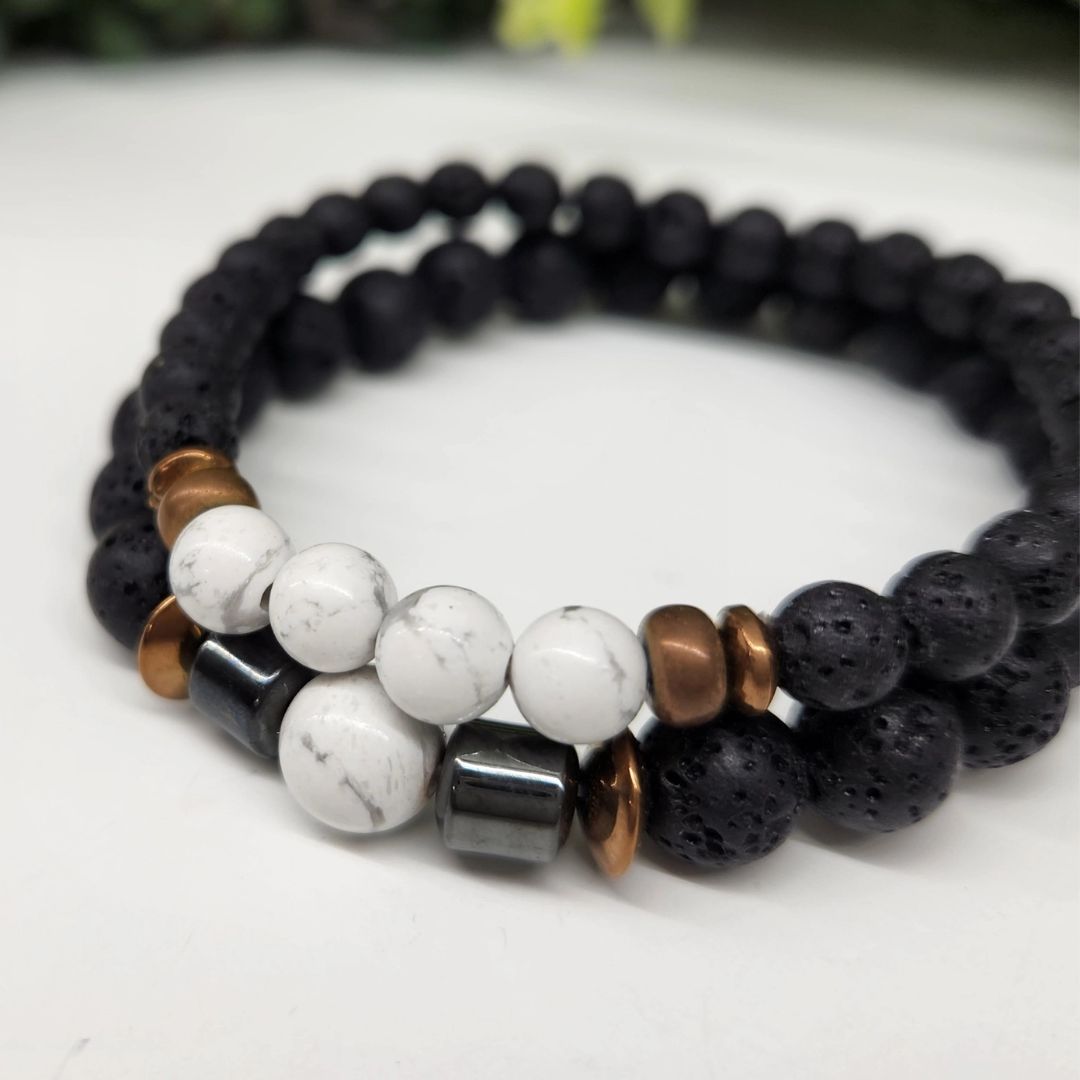 Crystal Black Lava Two Beaded Bracelet Sets
