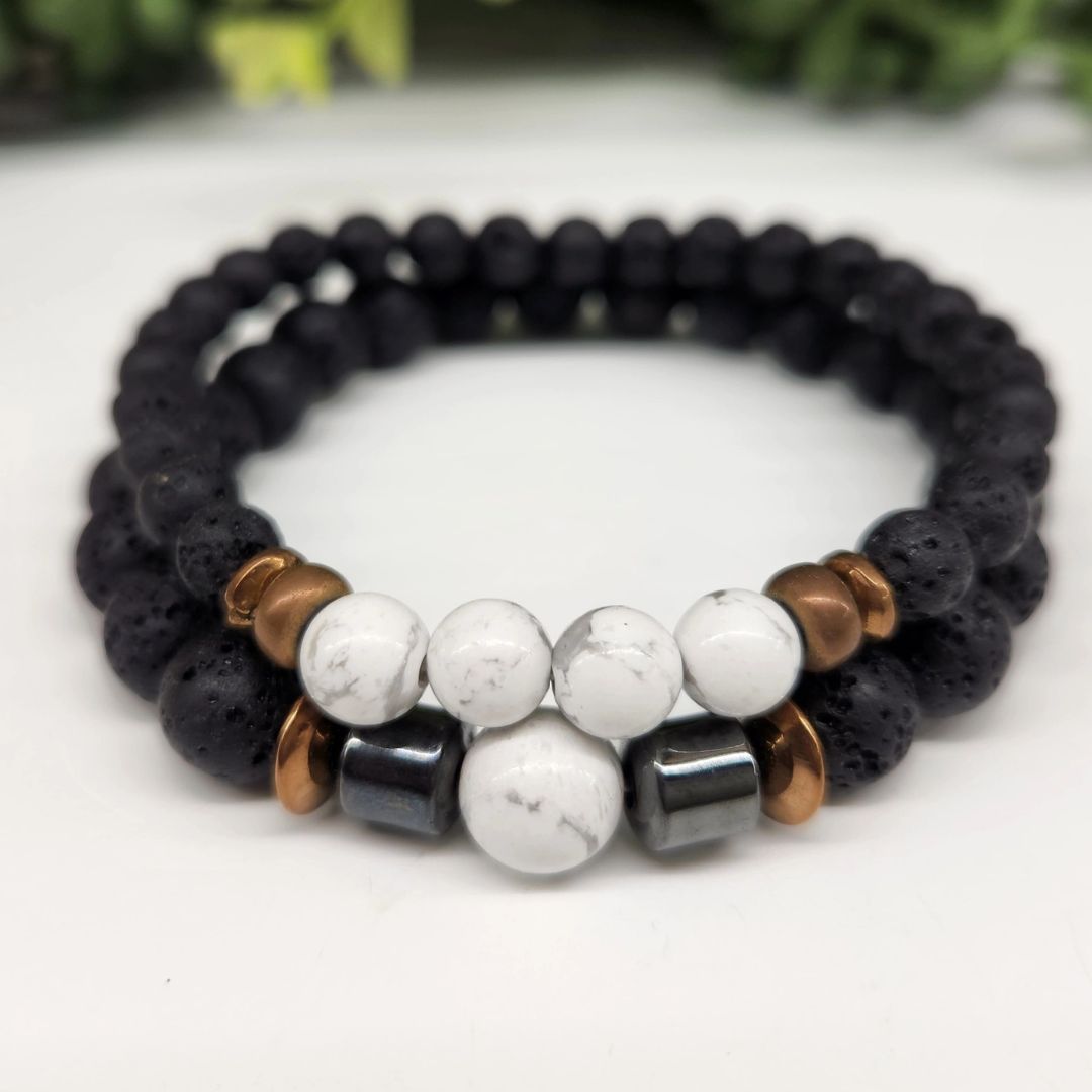 Crystal Black Lava Two Beaded Bracelet Sets