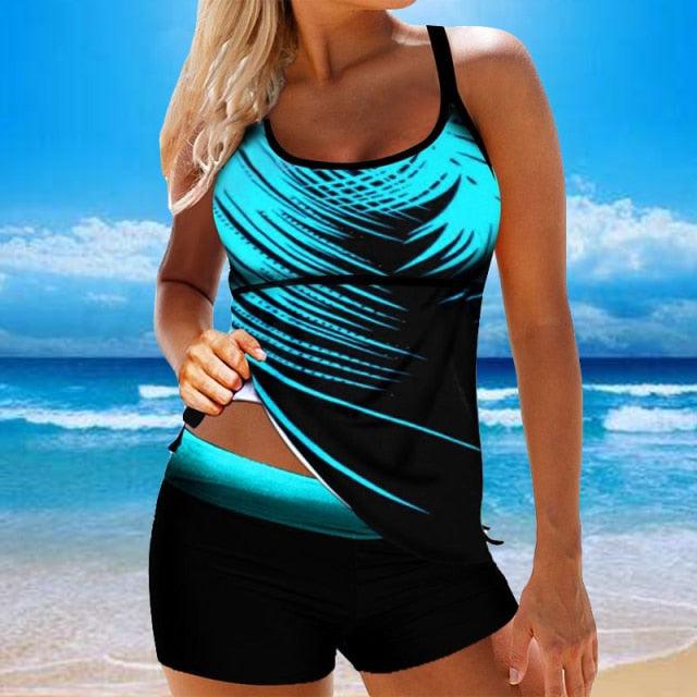 Women Beach Blue Print Backless 2 Piece Swimsuit with Spaghetti Straps