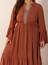  Plus size notched midi dress featuring elegant ruffles and sophisticated long sleeves.Do