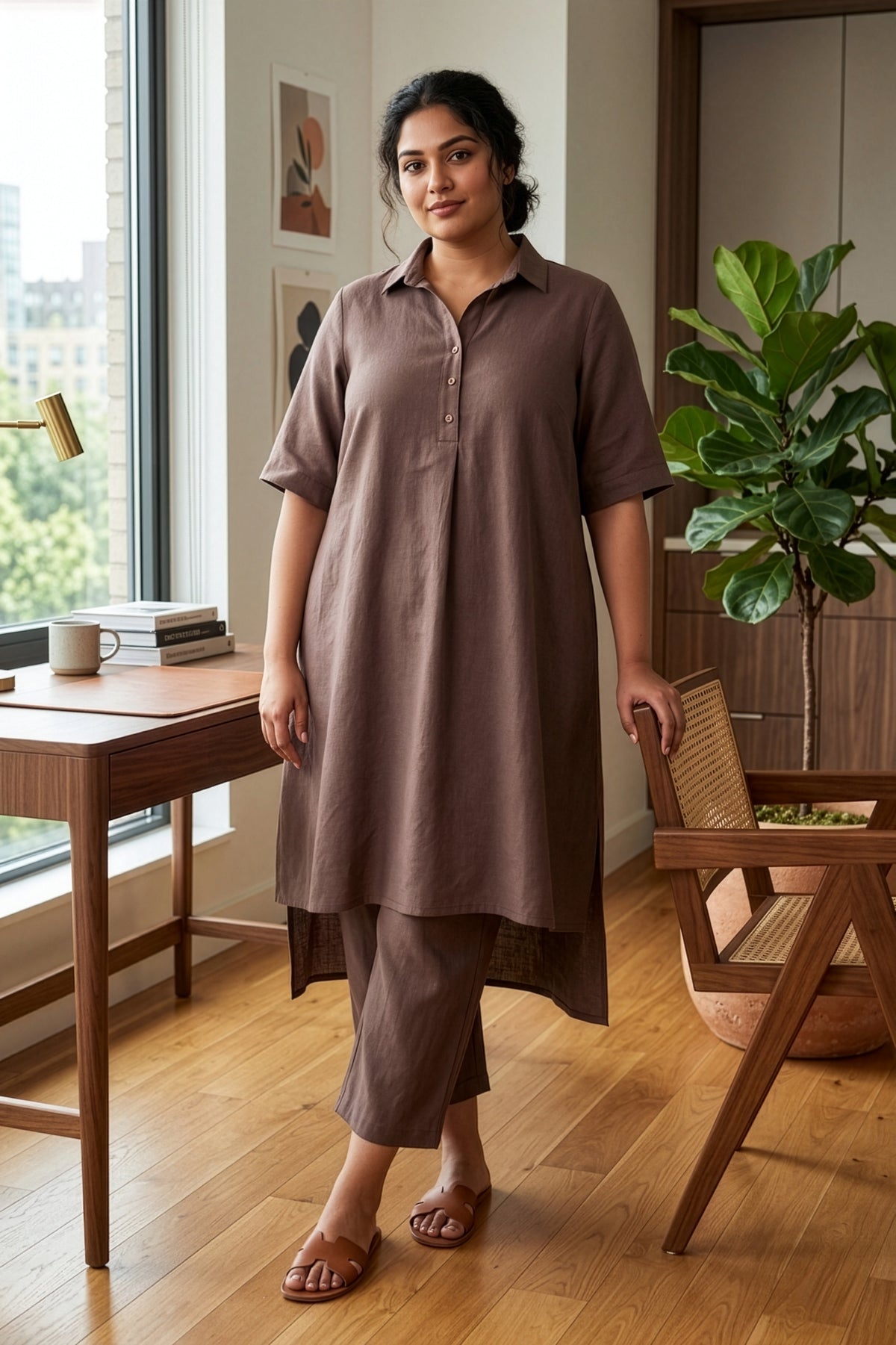 Plus Size Taupe Linen Co-ord Set for Women – Relaxed Fit Shirt Kurta &amp; Pants
