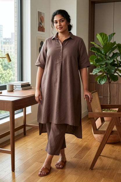 Plus Size Taupe Linen Co-ord Set for Women – Relaxed Fit Shirt Kurta &amp; Pants