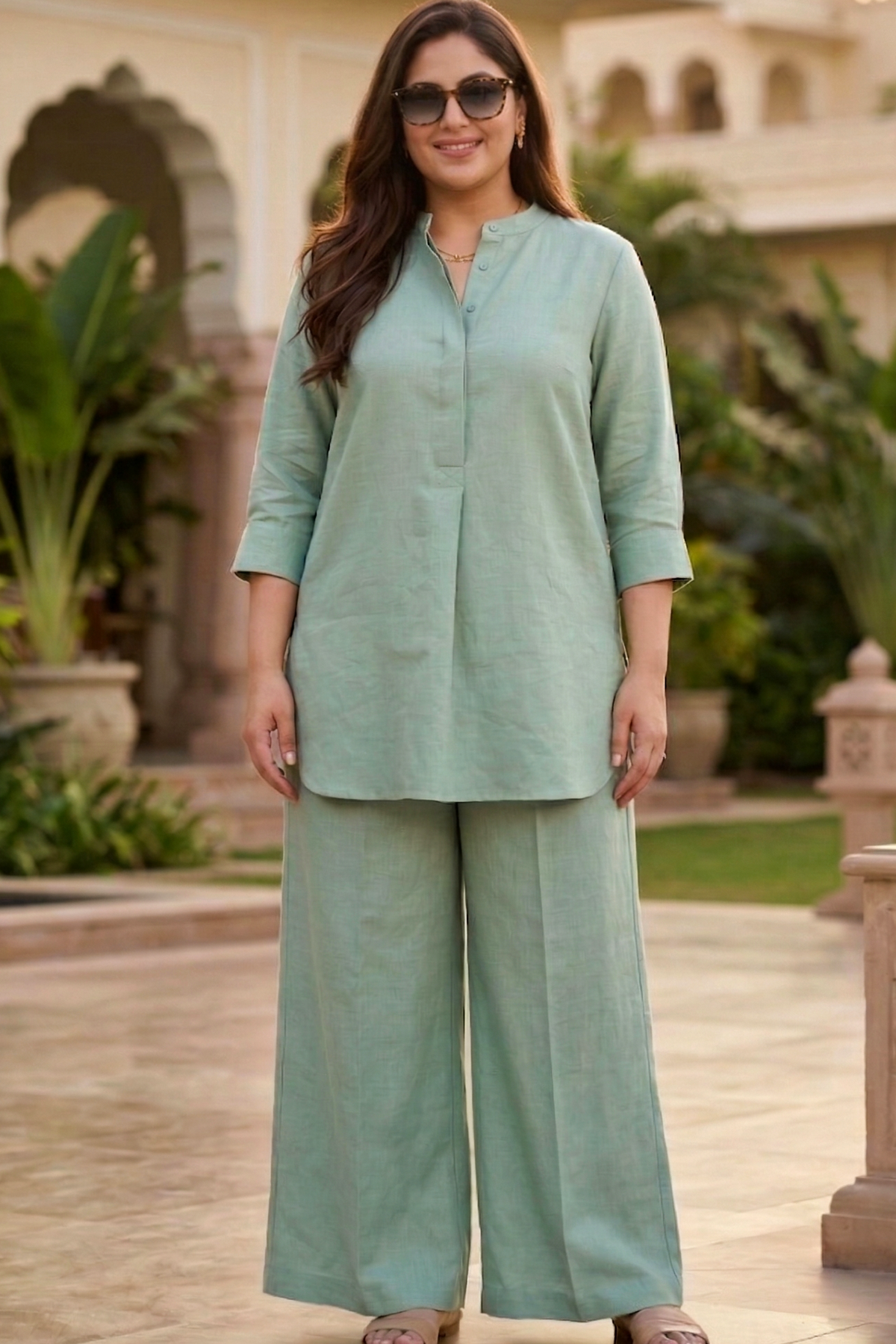 Plus Size Sage Green Solid Linen Co-ord Set for Women