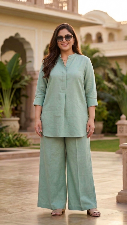 Plus Size Sage Green Solid Linen Co-ord Set for Women