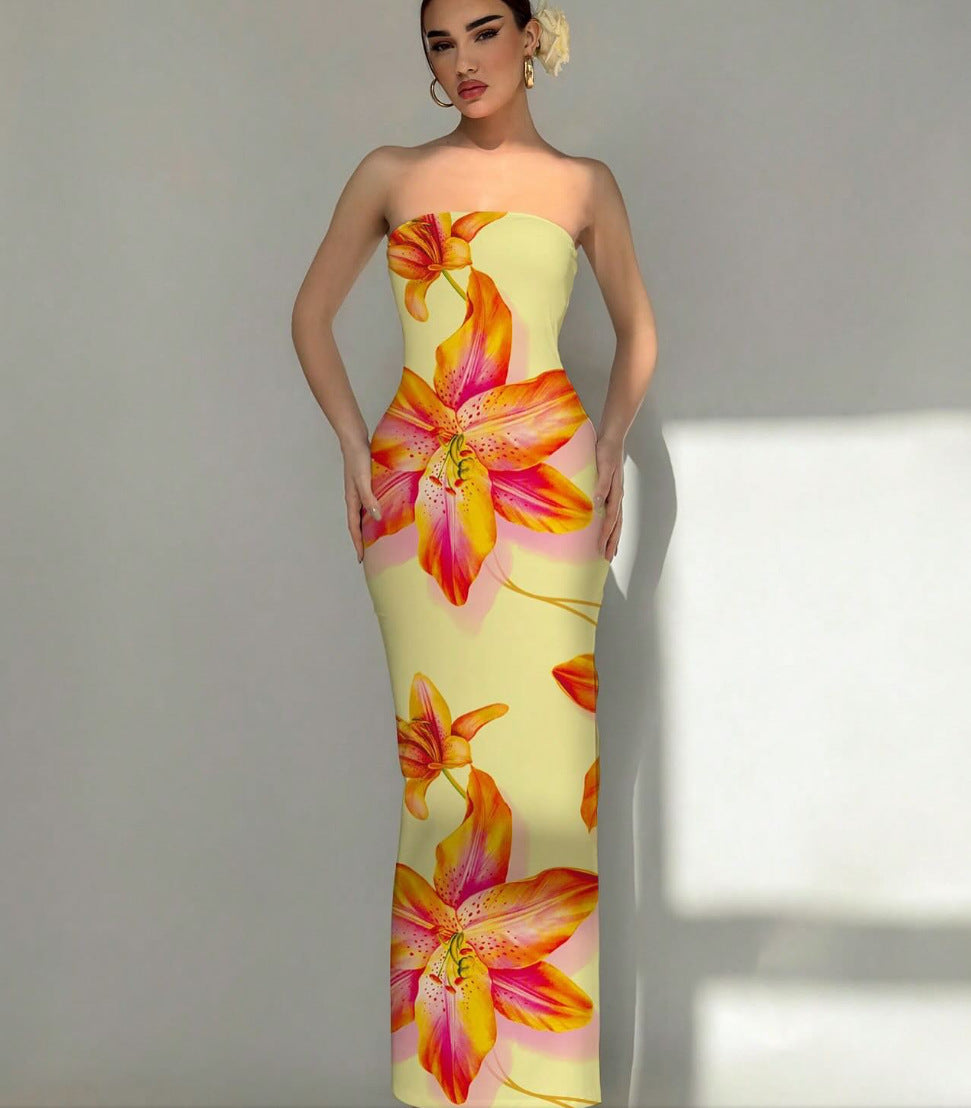 Sexy Slim Fit Printed Tube Top Bodycon Sheath Dress