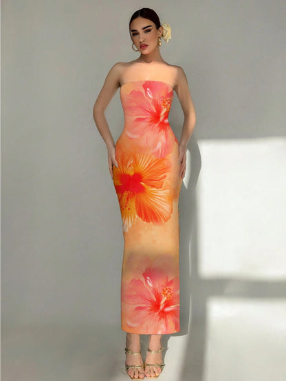 Sexy Slim Fit Printed Tube Top Bodycon Sheath Dress