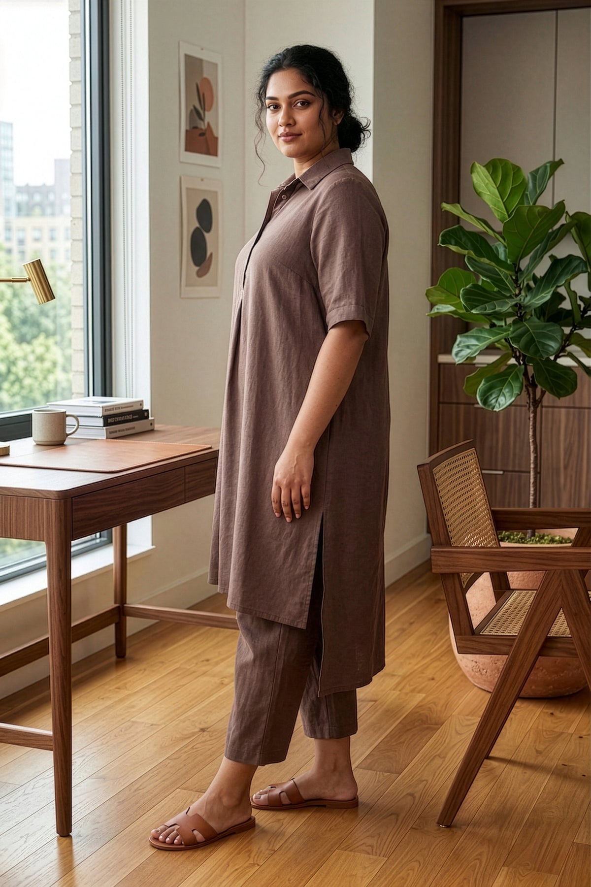 Plus Size Taupe Linen Co-ord Set for Women – Relaxed Fit Shirt Kurta &amp; Pants