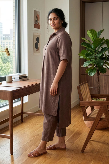 Plus Size Taupe Linen Co-ord Set for Women – Relaxed Fit Shirt Kurta &amp; Pants