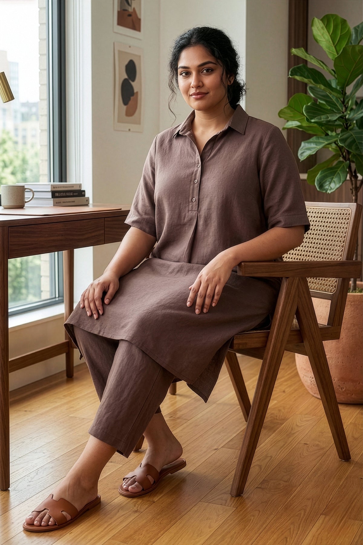 Plus Size Taupe Linen Co-ord Set for Women – Relaxed Fit Shirt Kurta &amp; Pants