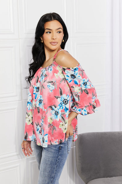 Close up view of the cutout shoulder detailing on the Sew In Love Full Size Fresh Take  Floral Cold-Shoulder Top