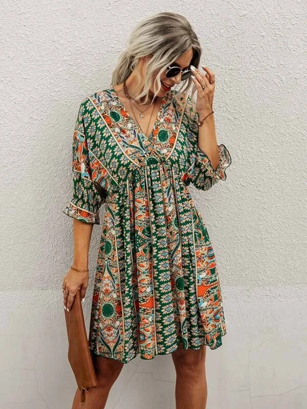 Cross-border Sexy V-neck Waist Trimming Printing Dress