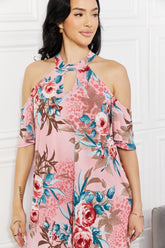 : Sew In Love cold-shoulder dress in a vibrant fresh-cut flowers print for full-size figures.