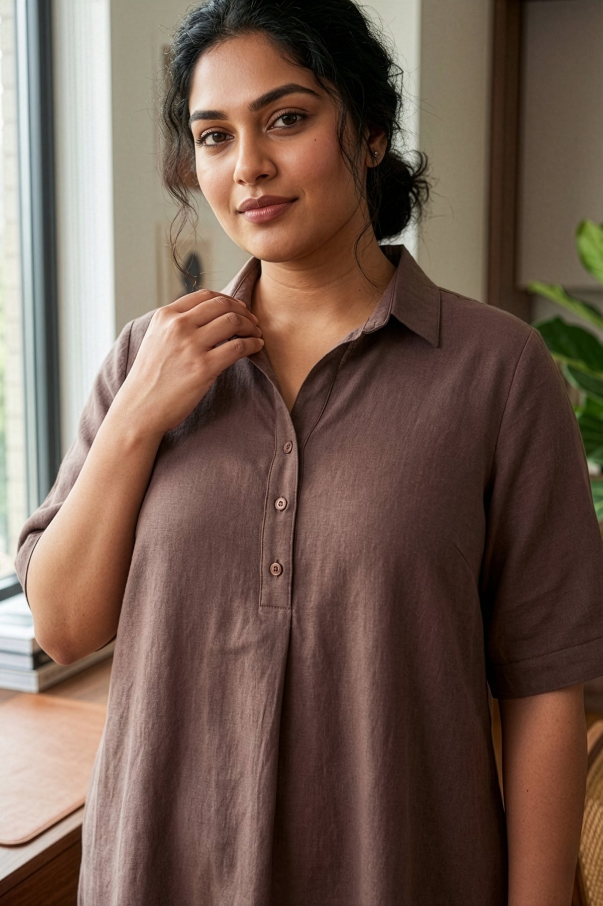 Plus Size Taupe Linen Co-ord Set for Women – Relaxed Fit Shirt Kurta &amp; Pants
