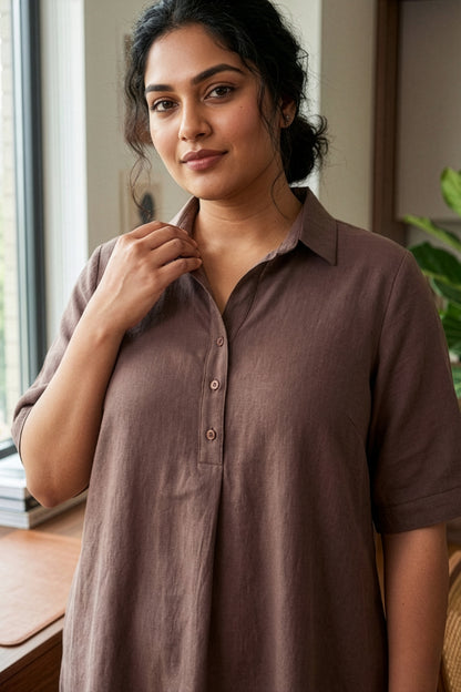 Plus Size Taupe Linen Co-ord Set for Women – Relaxed Fit Shirt Kurta &amp; Pants