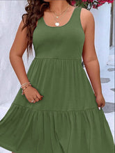  Plus size scoop neck tank dress featuring a flowing tiered skirt design.