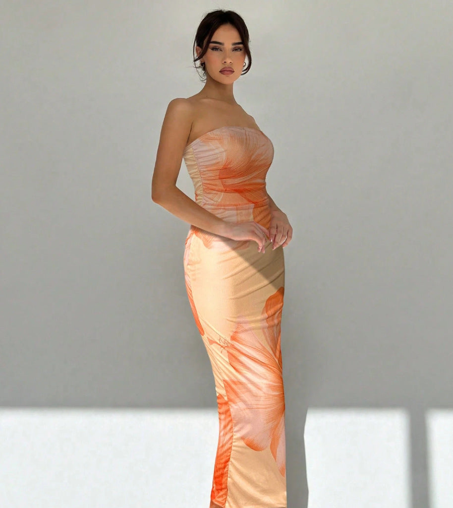 Sexy Slim Fit Printed Tube Top Bodycon Sheath Dress