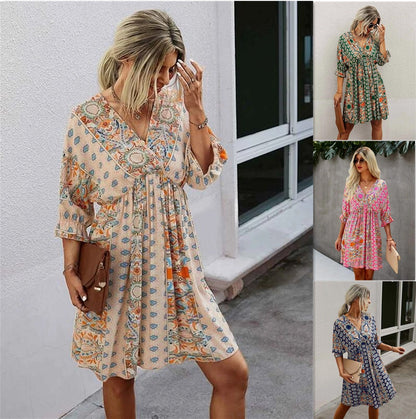 Cross-border Sexy V-neck Waist Trimming Printing Dress