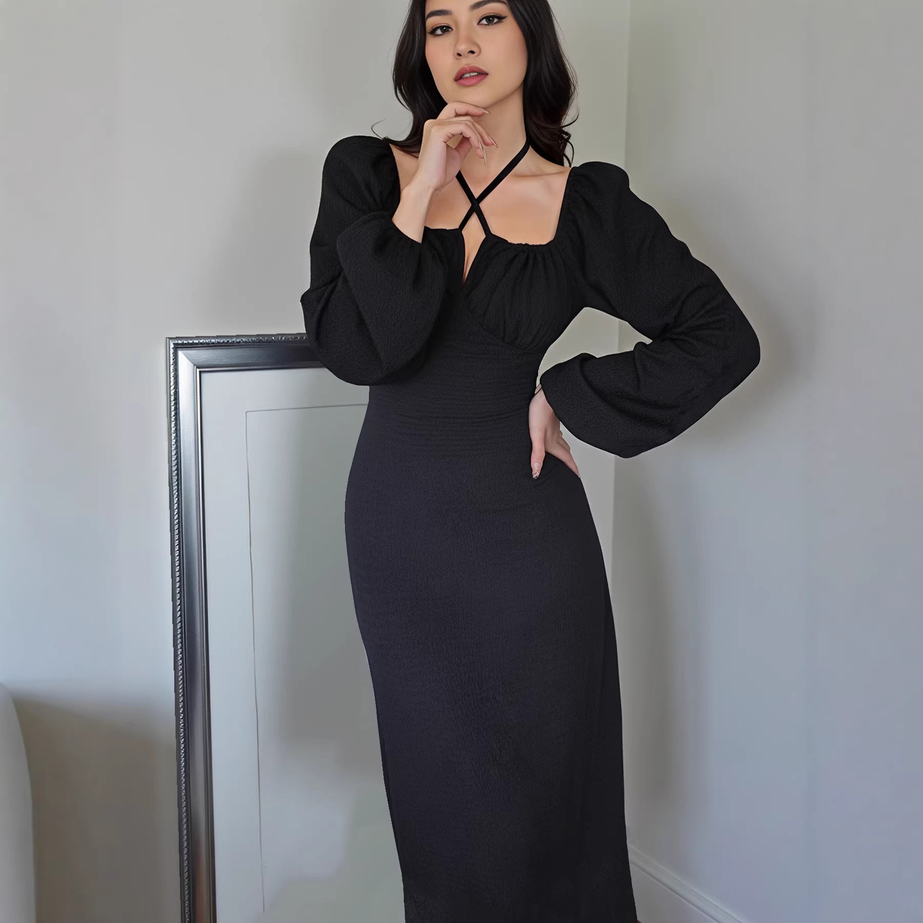 Womens Neck-tie Cross-strap Figure-hugging Dress