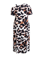 Plus Size Leopard Print Short Sleeve Maxi Dress with Side Slit for Party