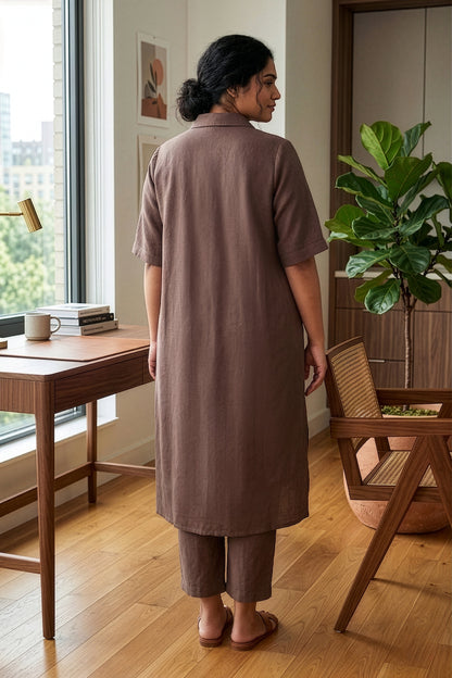 Plus Size Taupe Linen Co-ord Set for Women – Relaxed Fit Shirt Kurta &amp; Pants