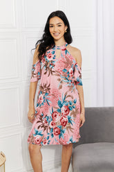 5ffe9f928ee242fea361519e28aea2ec-: Sew In Love cold-shoulder dress in a vibrant fresh-cut flowers print for full-size figures.