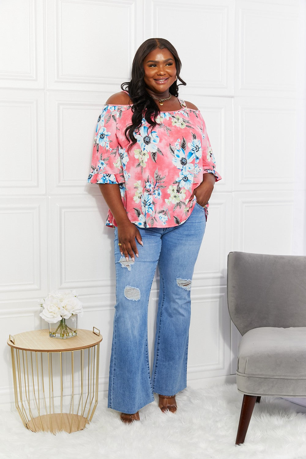 Close up view of the cutout shoulder detailing on the Sew In Love Full Size Fresh Take  Floral Cold-Shoulder Top