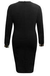 Close up look at the neat crew neckline stitching on the Plus Size Leopard Round Neck Long Sleeve Dress