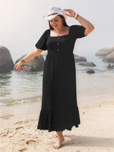 Plus size ruffled hem dress with a framing square neckline and comfortable short sleeves.