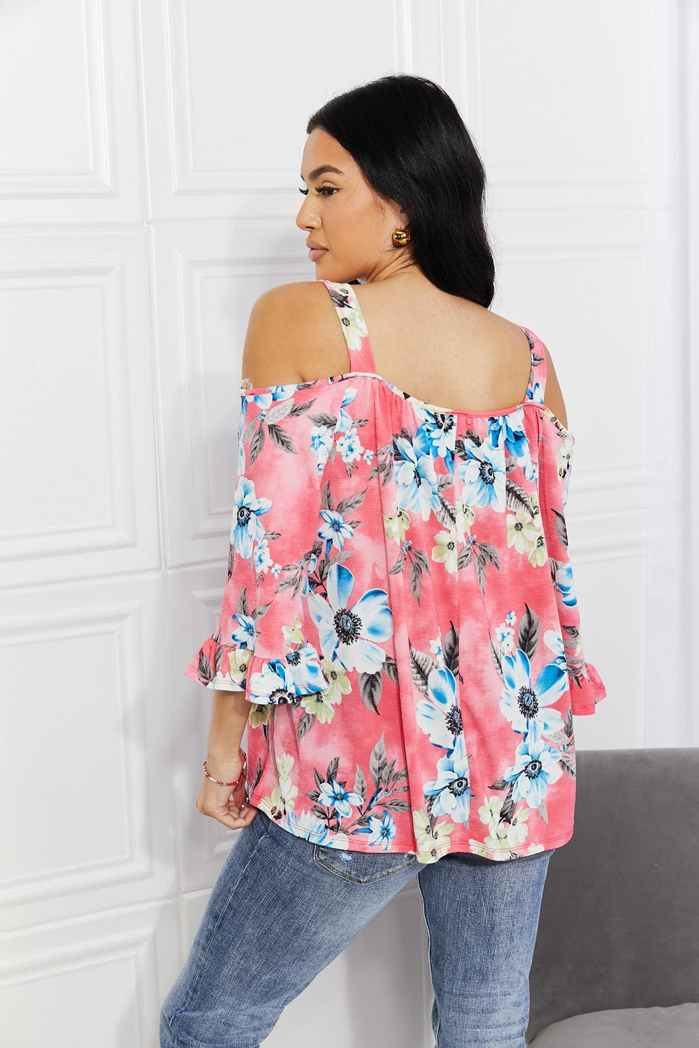 Close up view of the cutout shoulder detailing on the Sew In Love Full Size Fresh Take  Floral Cold-Shoulder Top