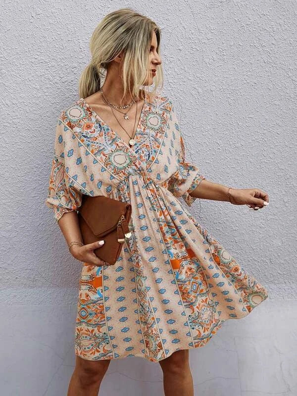 Cross-border Sexy V-neck Waist Trimming Printing Dress