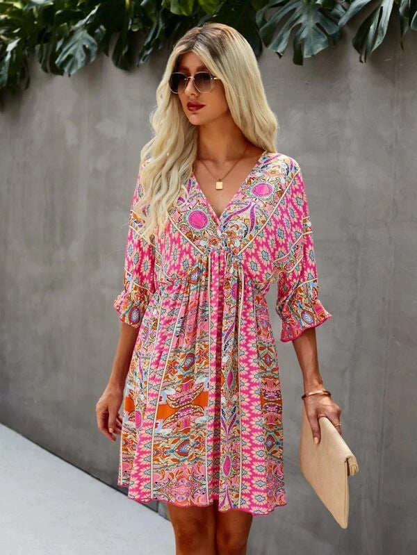 Cross-border Sexy V-neck Waist Trimming Printing Dress