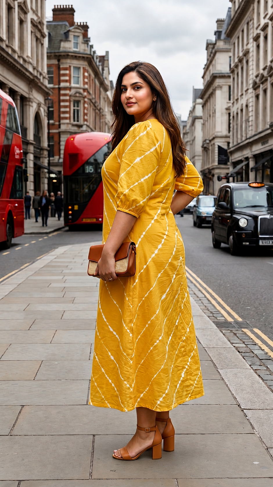 Plus Size Yellow  Tie-Dye Stripe Cotton Midi Dress For Women