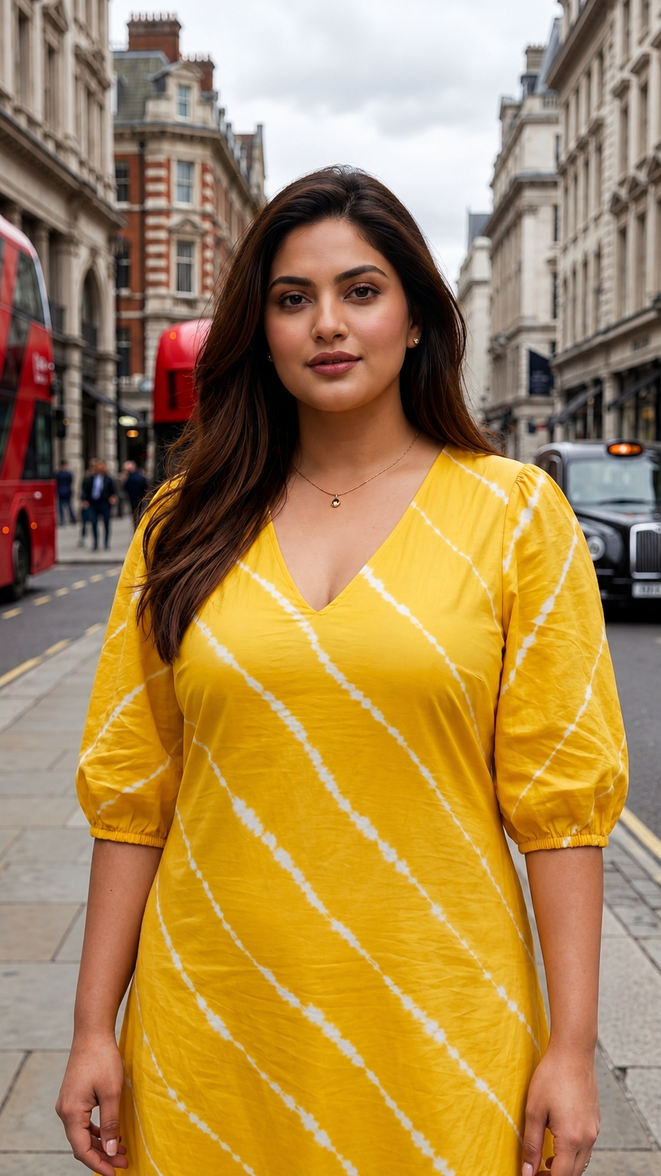 Plus Size Yellow  Tie-Dye Stripe Cotton Midi Dress For Women