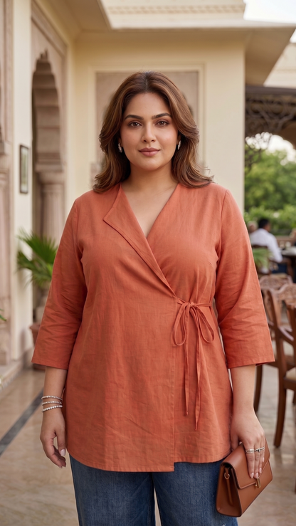 Plus Size Coral Linen Wrap Style Top for Women
