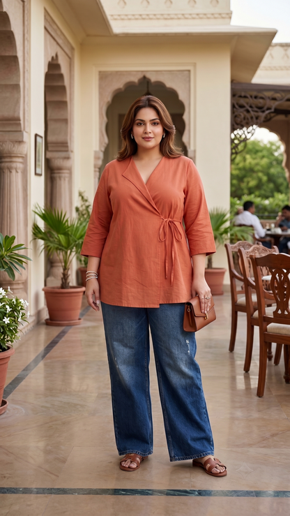 Plus Size Coral Linen Wrap Style Top for Women