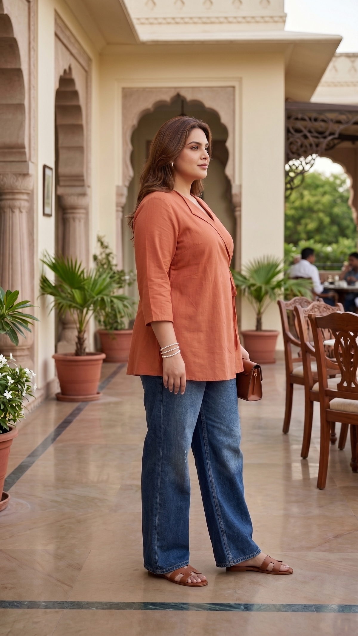 Plus Size Coral Linen Wrap Style Top for Women