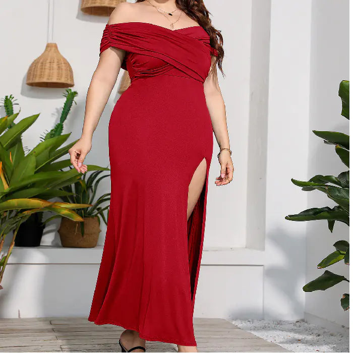 Side angle view showing the thigh-high cutout on the Elegant Plus Size High Waist Split Dress for Women