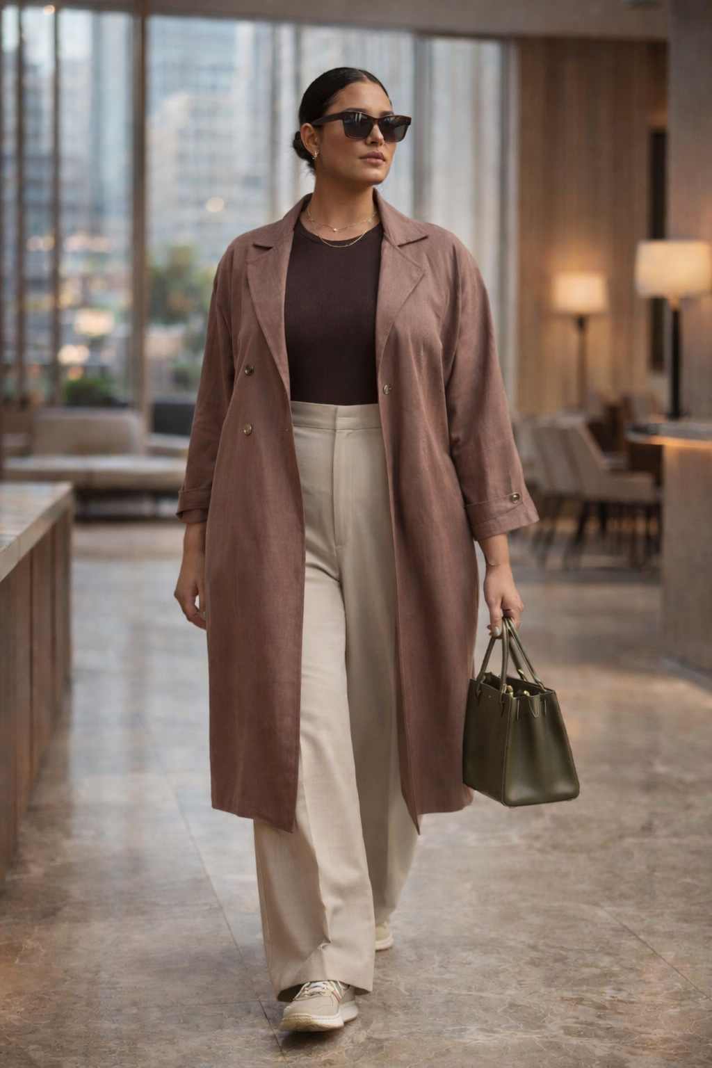Plus Size Linen Long Trench Coat – Belted Smart Casual Coat